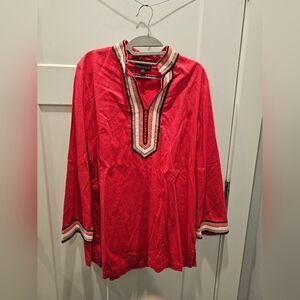 Dana Buchman Red Embroidered Cotton Tunic Top Size L – Boho Chic Blouse